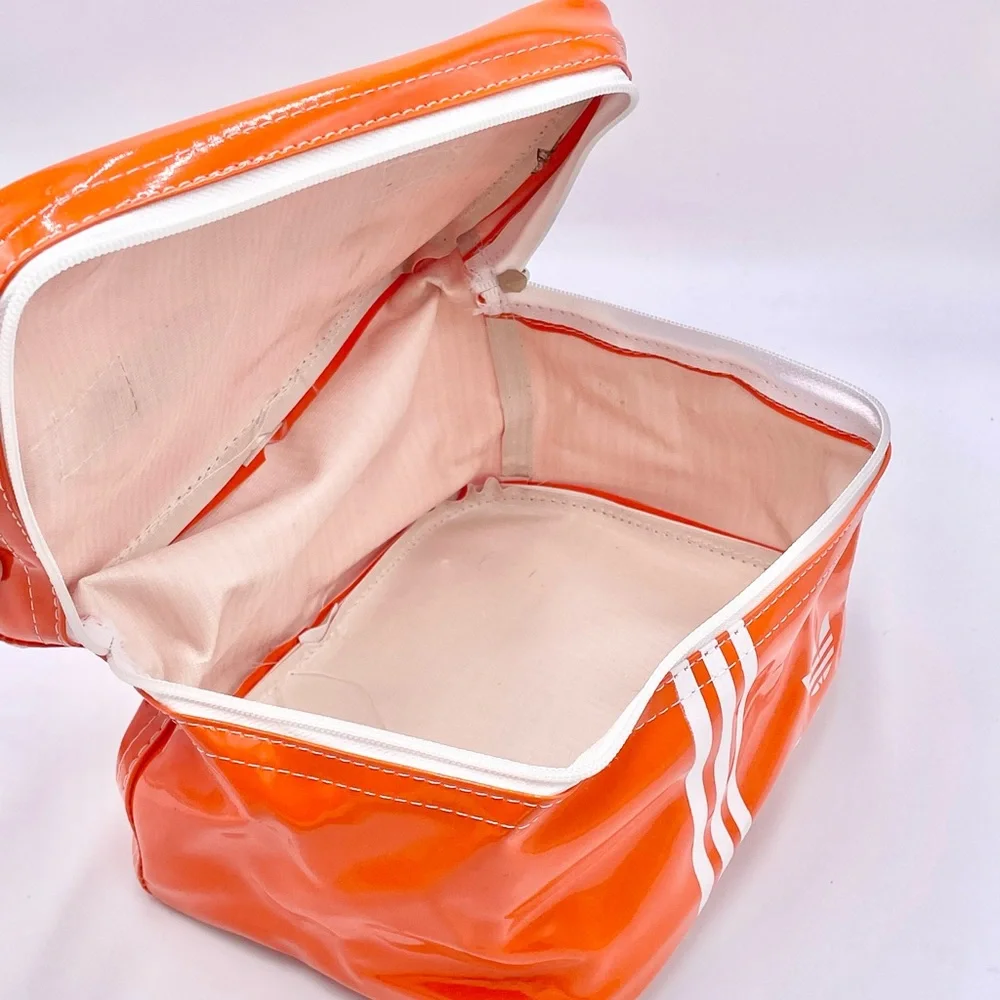 Vintage Adidas Vinyl Orange White Trefoil Logo Stripe Zip Up Block Travel Bag